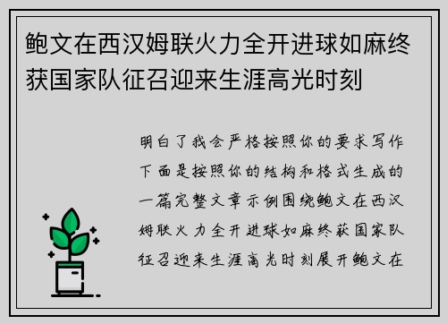 鲍文在西汉姆联火力全开进球如麻终获国家队征召迎来生涯高光时刻